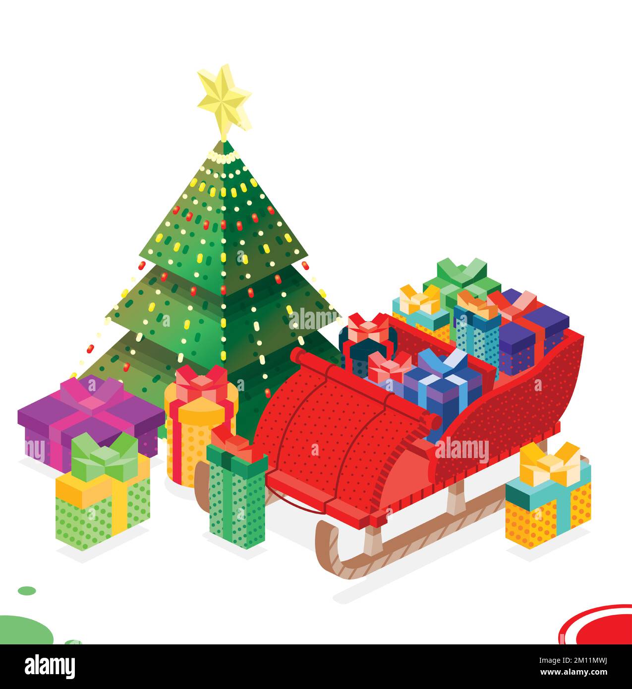Isometric Open Sleigh with Bunch Gift Boxes and Christmas Tree. Holiday Concept. Vector Illustration. Merry Christmas and Happy New Year Design Elemen Stock Vector