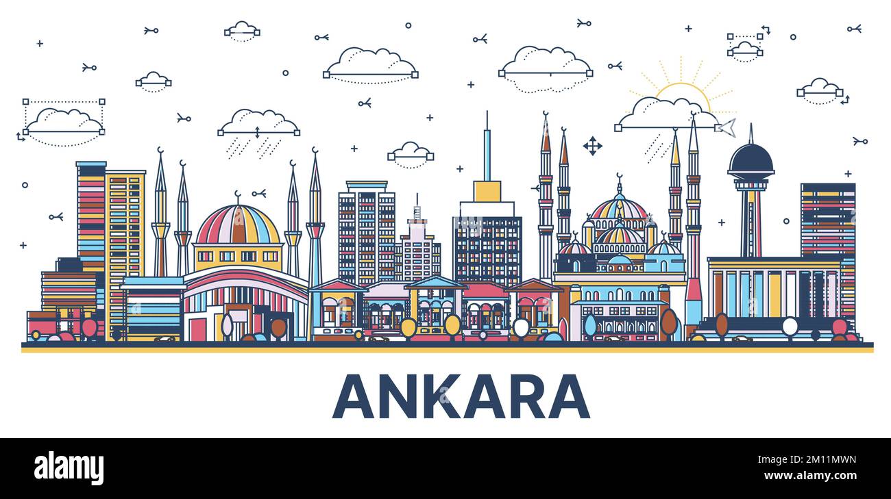 Outline Ankara Turkey City Skyline with Historic Colored Buildings Isolated on White. Vector Illustration. Ankara Cityscape with Landmarks. Stock Vector