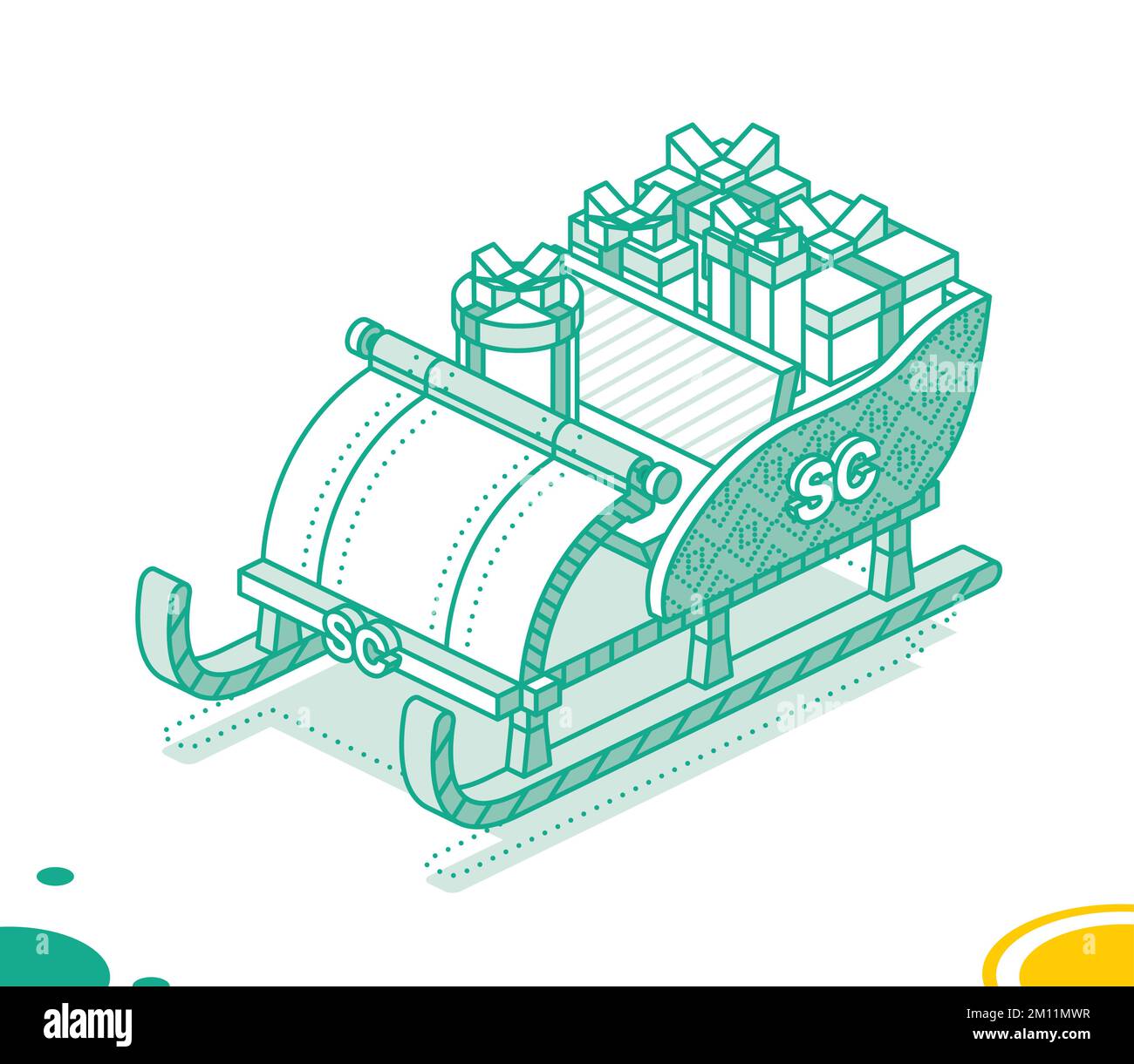 Isometric Christmas Open Sleigh with Bunch Gift Boxes. Outline Concept. Vector Illustration. Merry Christmas and Happy New Year Design Element. Stock Vector