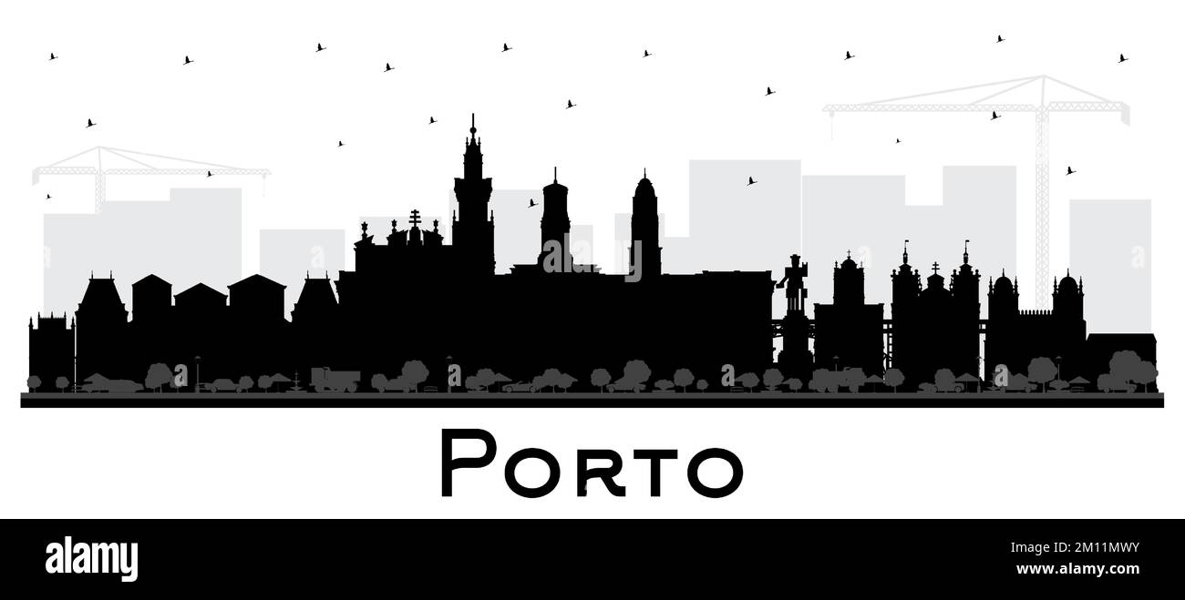 Porto Portugal City Skyline Silhouette with Black Buildings Isolated on Whıte. Vector Illustration. Porto Cityscape with Landmarks. Stock Vector
