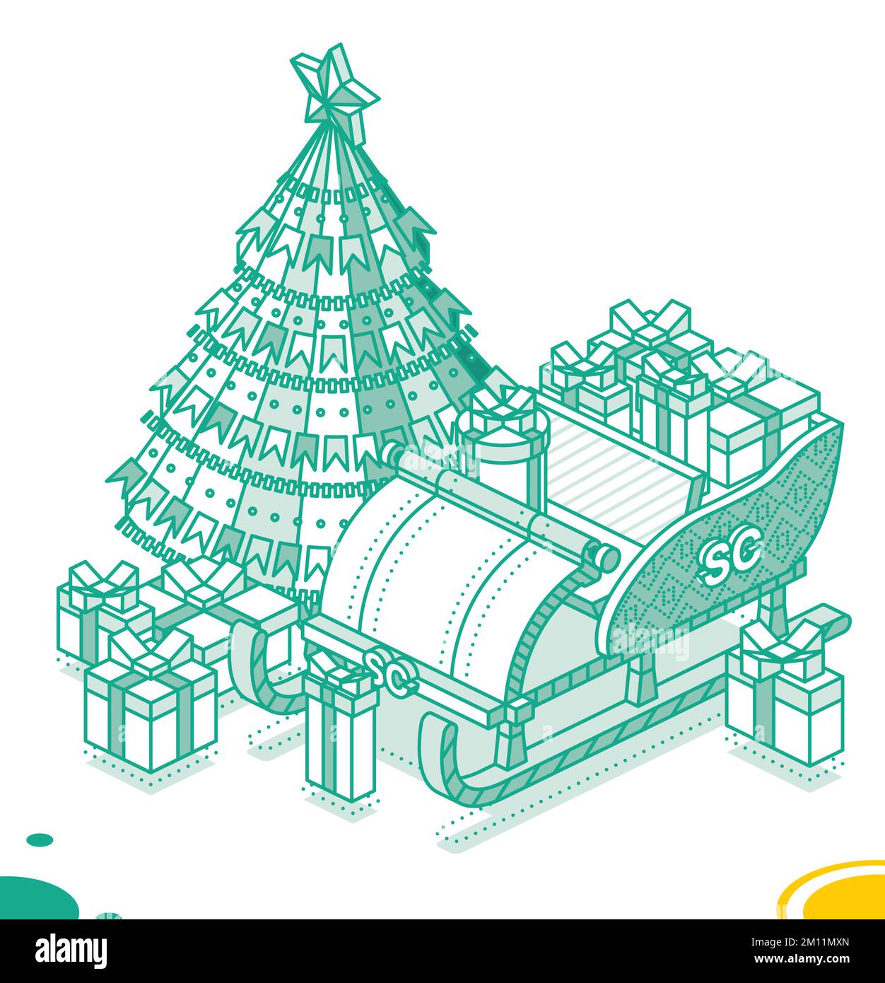 Isometric Open Sleigh with Bunch Gift Boxes and Christmas Tree. Outline Concept. Vector Illustration. Merry Christmas and Happy New Year Design Elemen Stock Vector