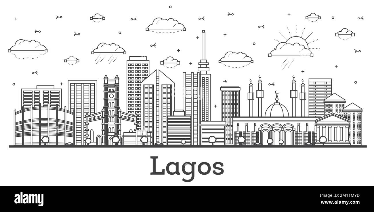 Outline Lagos Nigeria City Skyline with Modern Buildings Isolated on White. Vector Illustration. Lagos Cityscape with Landmarks. Stock Vector