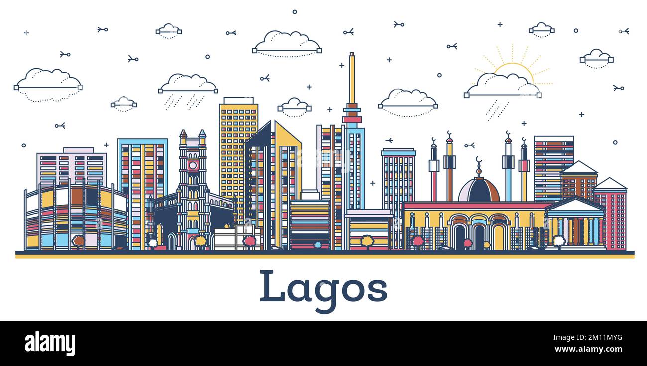 Outline Lagos Nigeria City Skyline with Modern Colored Buildings Isolated on White. Vector Illustration. Lagos Cityscape with Landmarks. Stock Vector