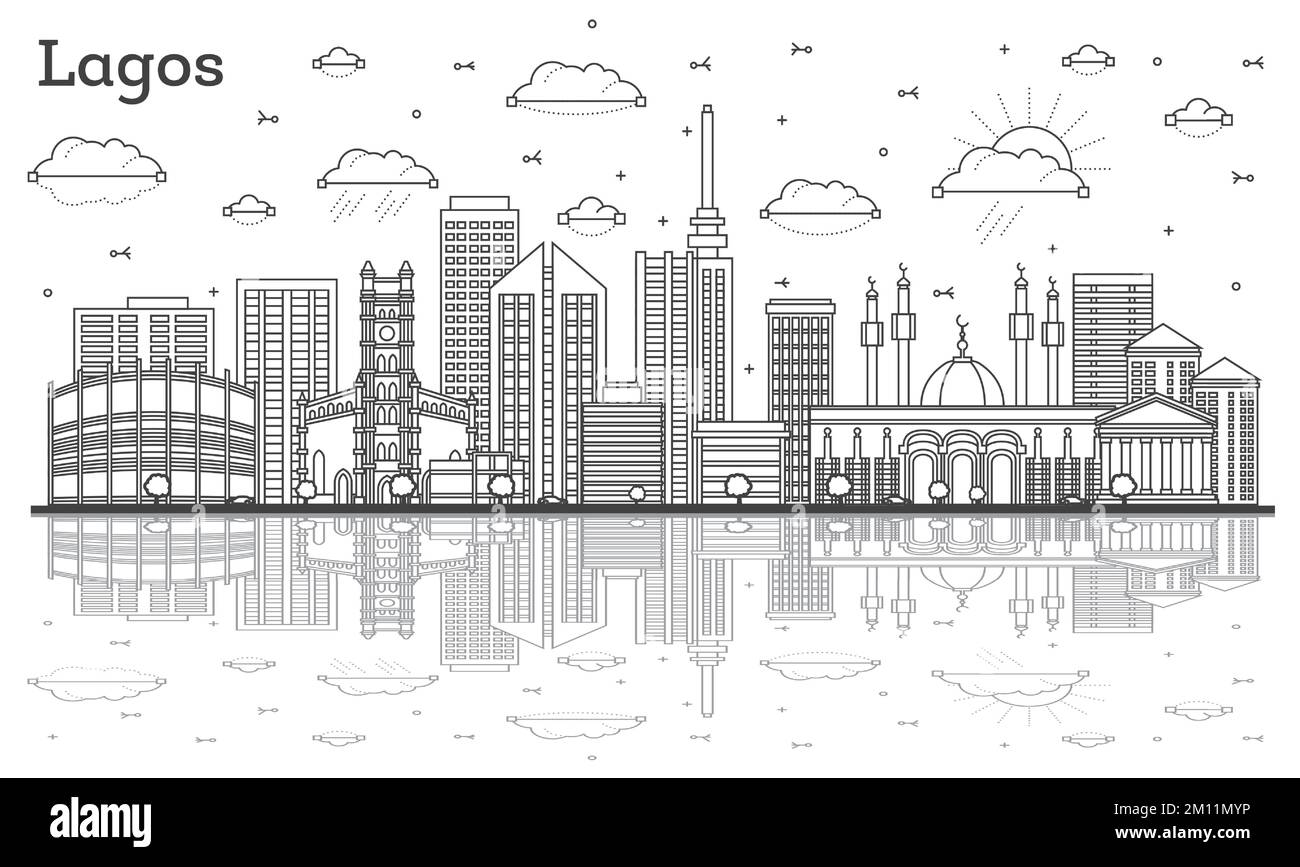 Outline Lagos Nigeria City Skyline with Modern Buildings and Reflections Isolated on White. Vector Illustration. Lagos Cityscape with Landmarks. Stock Vector