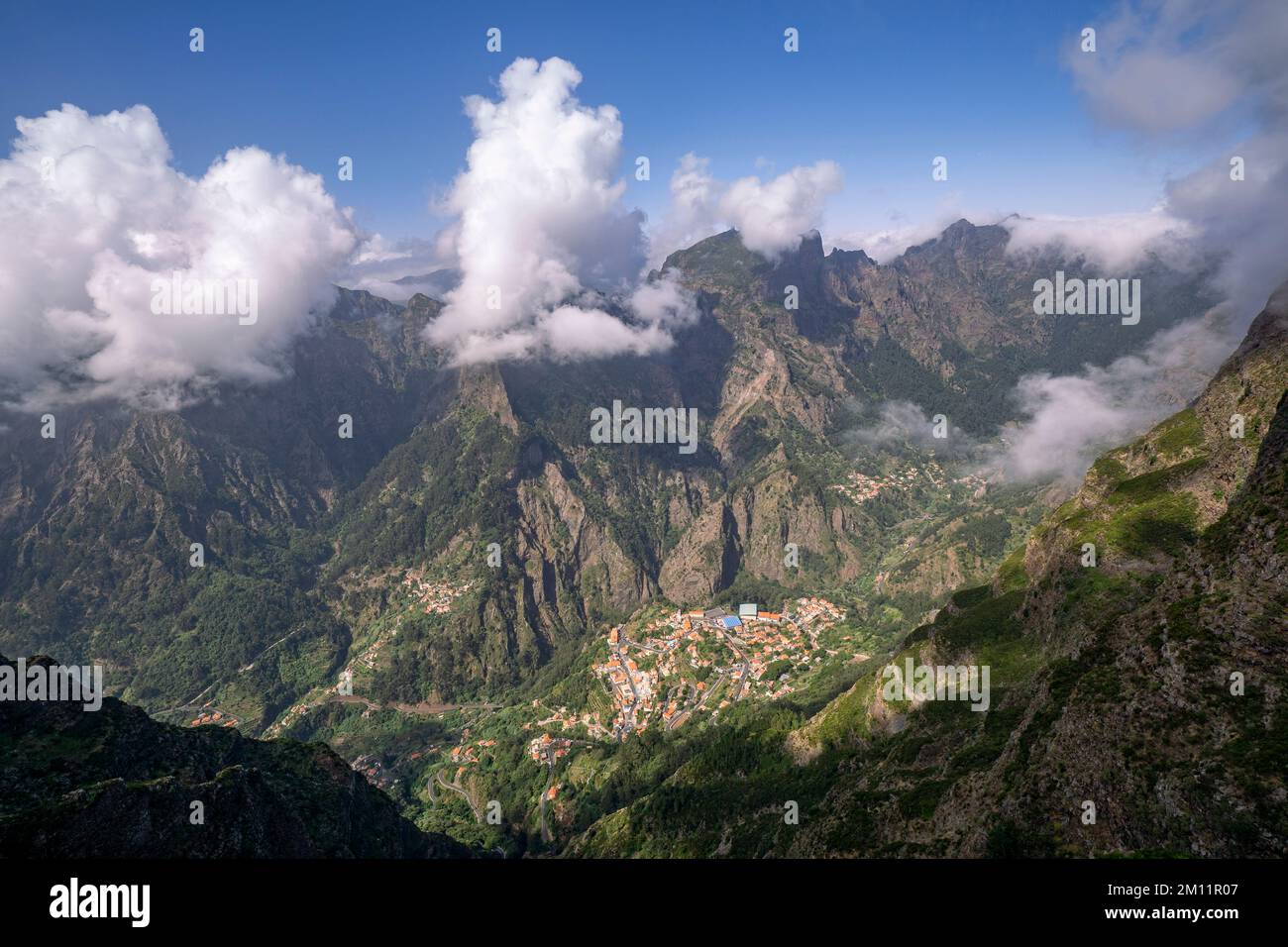 Mountain landscape with the town of Curral das Freiras on Madeira Stock Photo