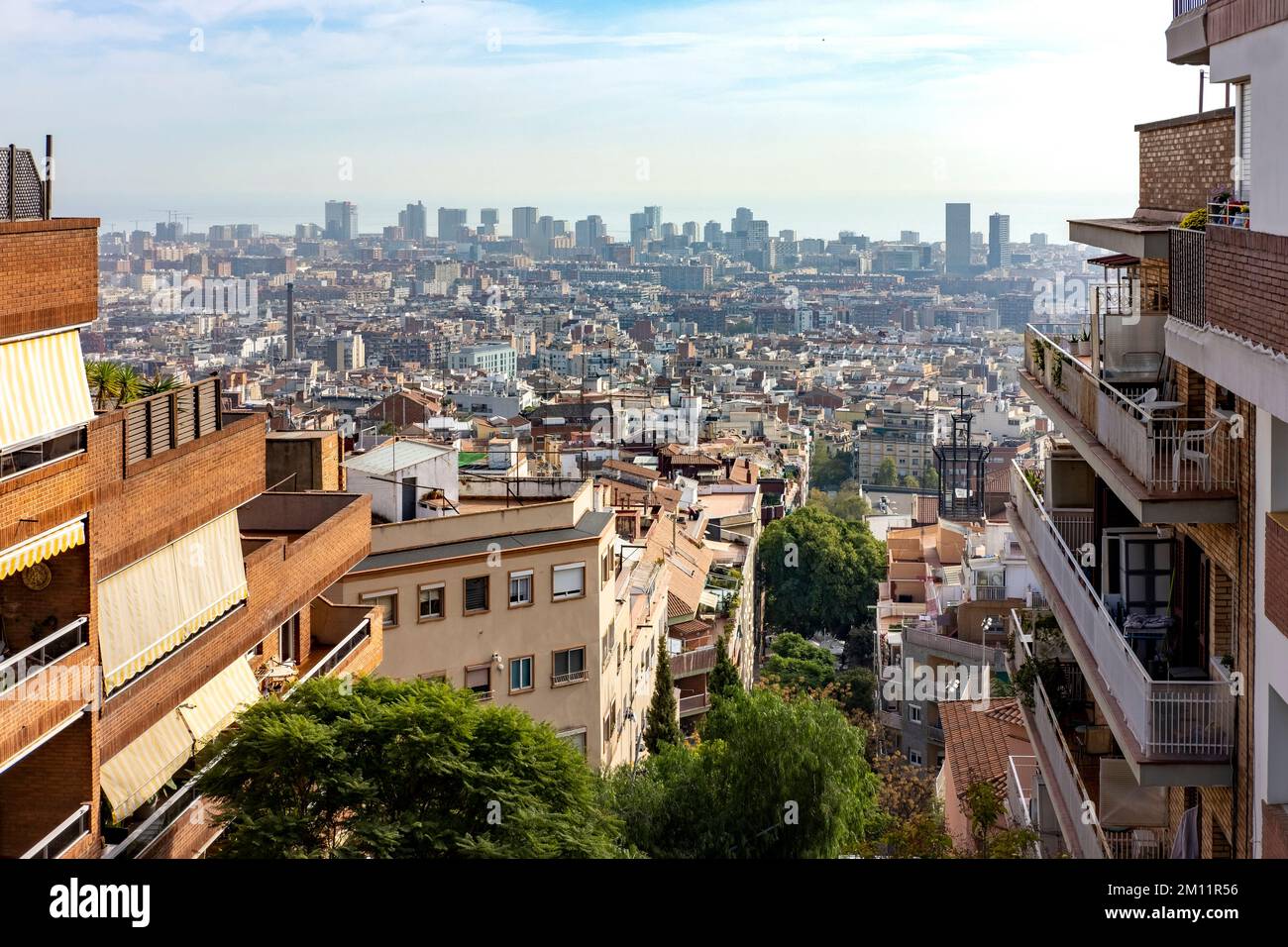 Aerial view of the city of Barcelona from a residential area and in the background modern office buildings Stock Photo