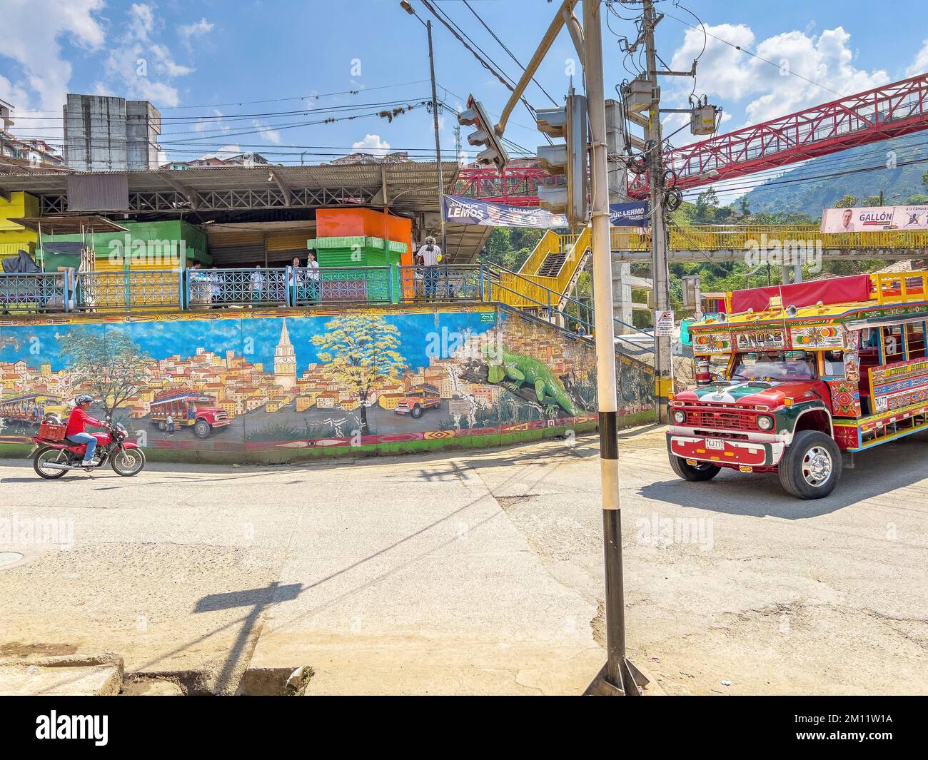 South America, Colombia, Departamento Antioquia, Colombian Andes, Andes, typical bus 'Chiva' in the Andes village Stock Photo