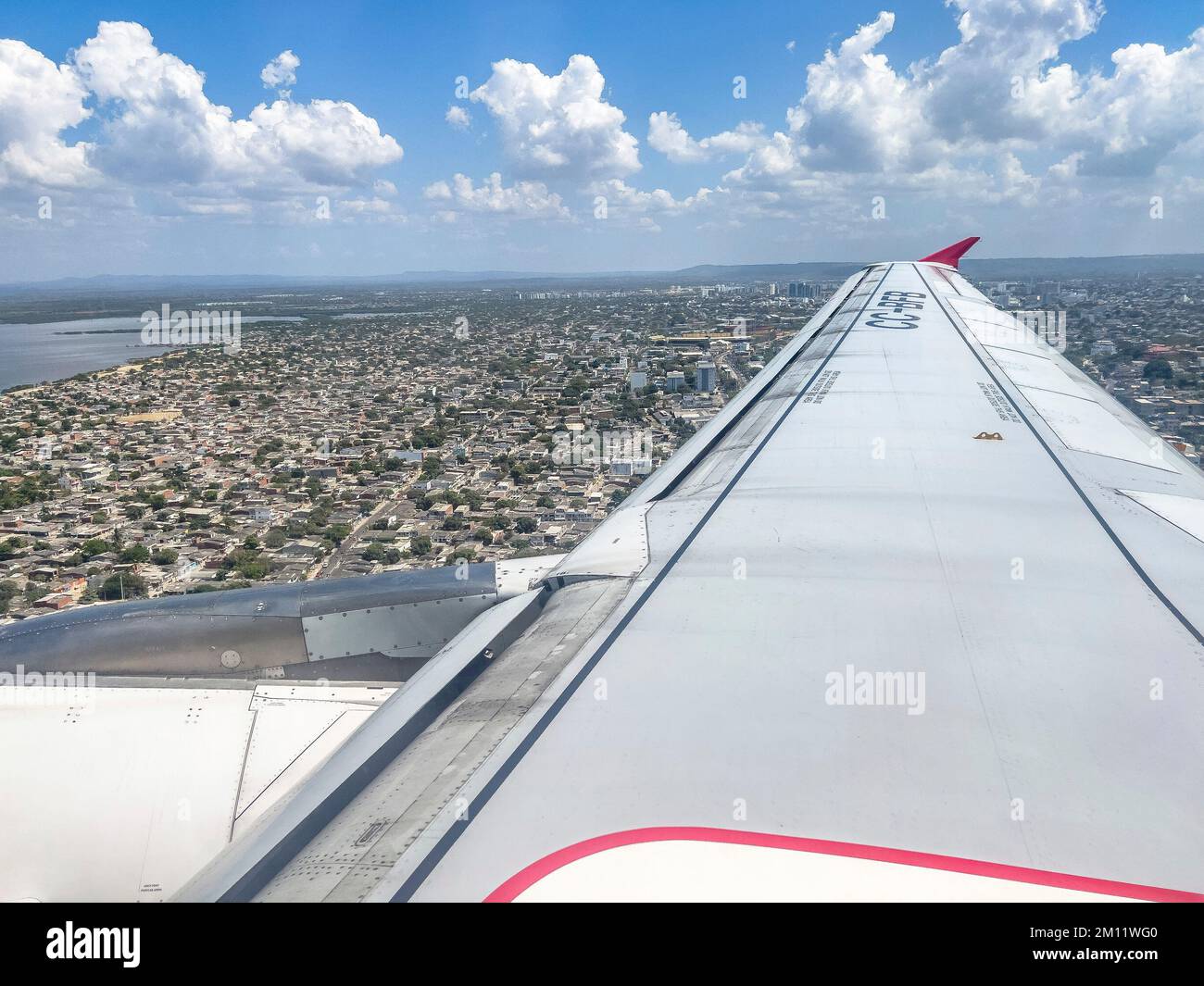 South America, Colombia, Departamento de Bolívar, Cartagena de Indias, view of Cartagena from airplane window Stock Photo