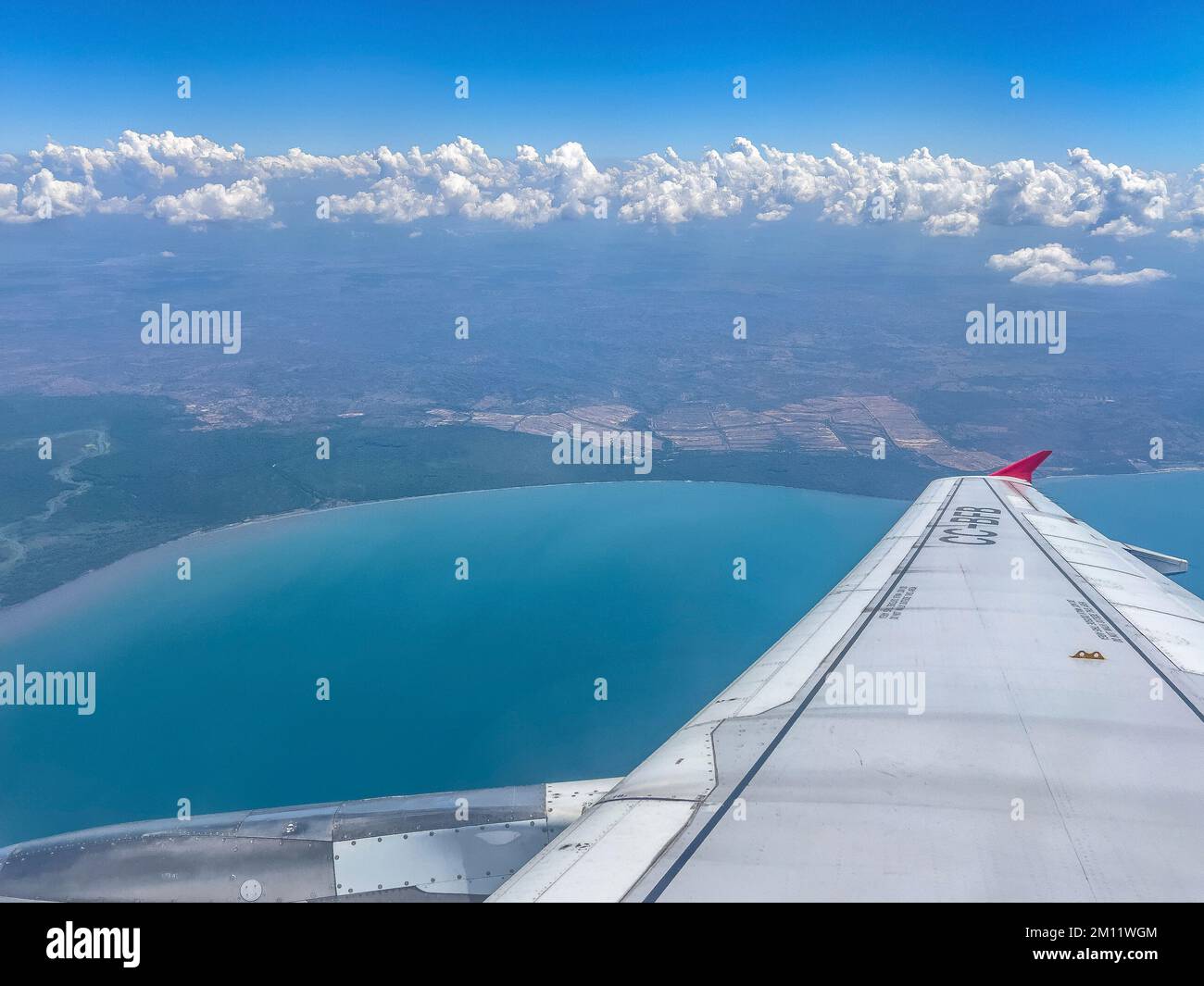 South America, Colombia, Departamento de Bolívar, Cartagena de Indias, view out of the airplane window on approach to Cartagena Stock Photo