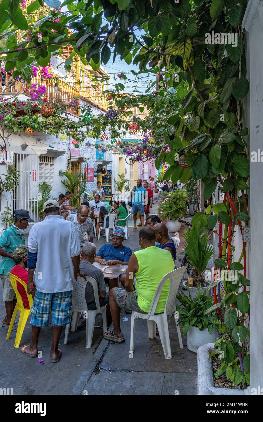 South America, Colombia, Departamento de Bolívar, Cartagena de Indias, Barrio Getsemaní, street scene in Getsemaní neighborhood Stock Photo