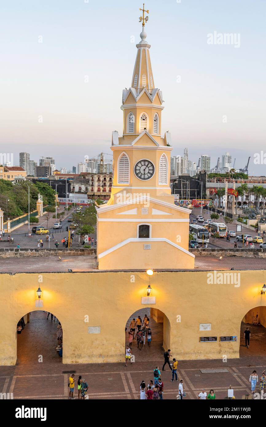 South America, Colombia, Departamento de Bolívar, Cartagena de Indias, Ciudad Amurallada, Torre del Reloj Stock Photo