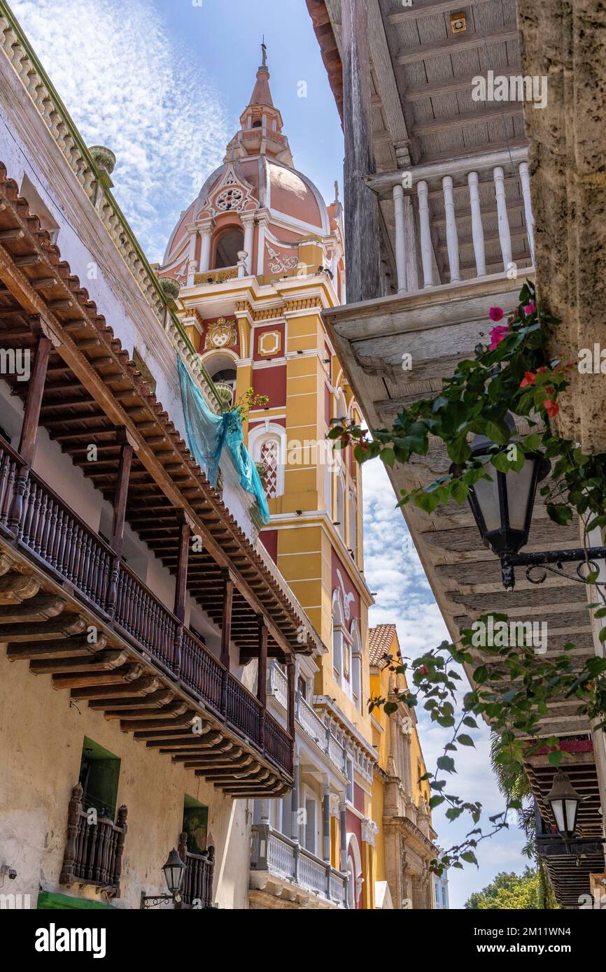 South America, Colombia, Departamento de Bolívar, Cartagena de Indias, Ciudad Amurallada, View of the tower of the Cathedral Santa Catalina de Alejandría Stock Photo