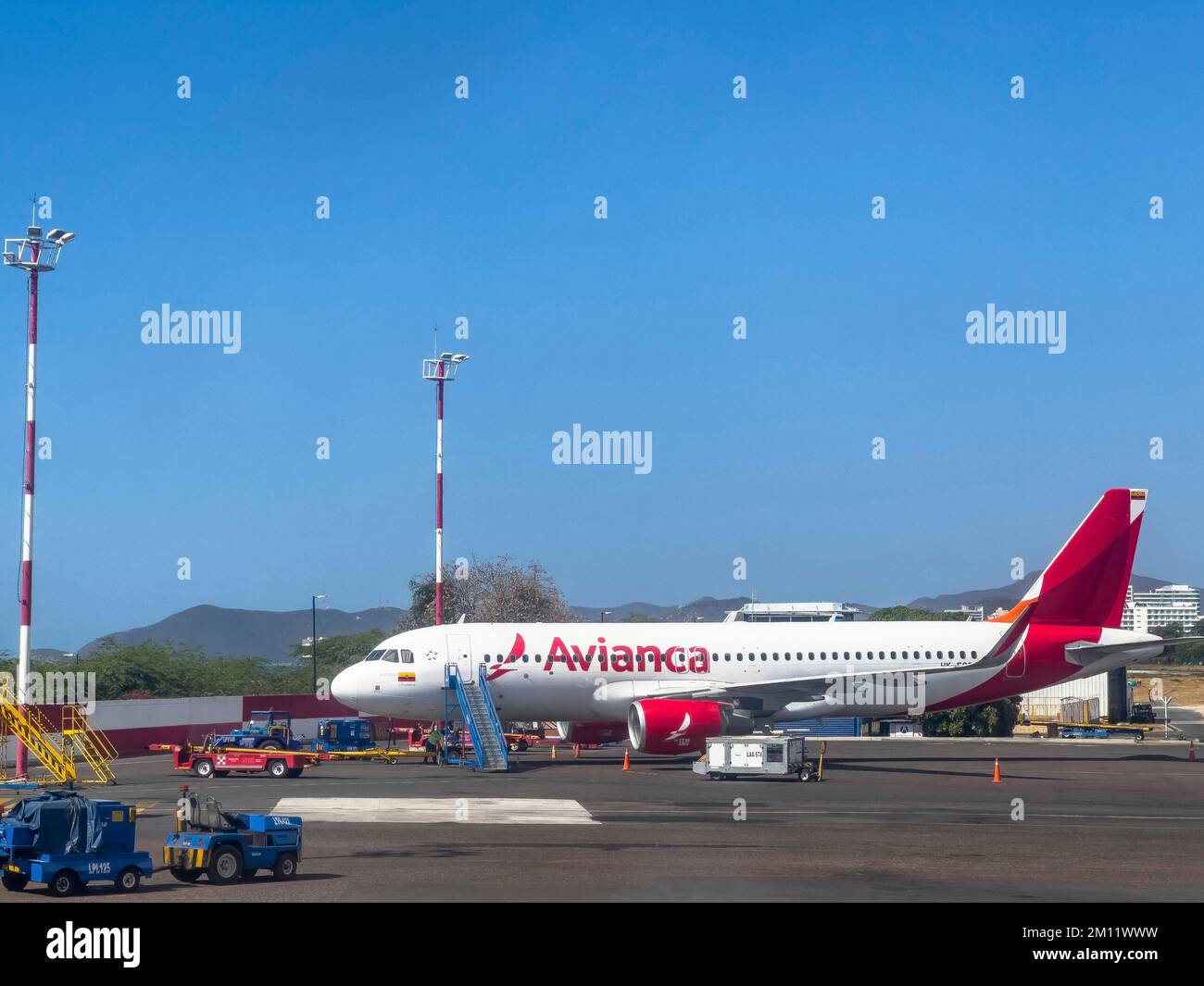 South America, Colombia, Departamento del Magdalena, Santa Marta, view from the airplane window on a plane of the airline Avianca at the airport Simón Bolívar in Santa Marta Stock Photo