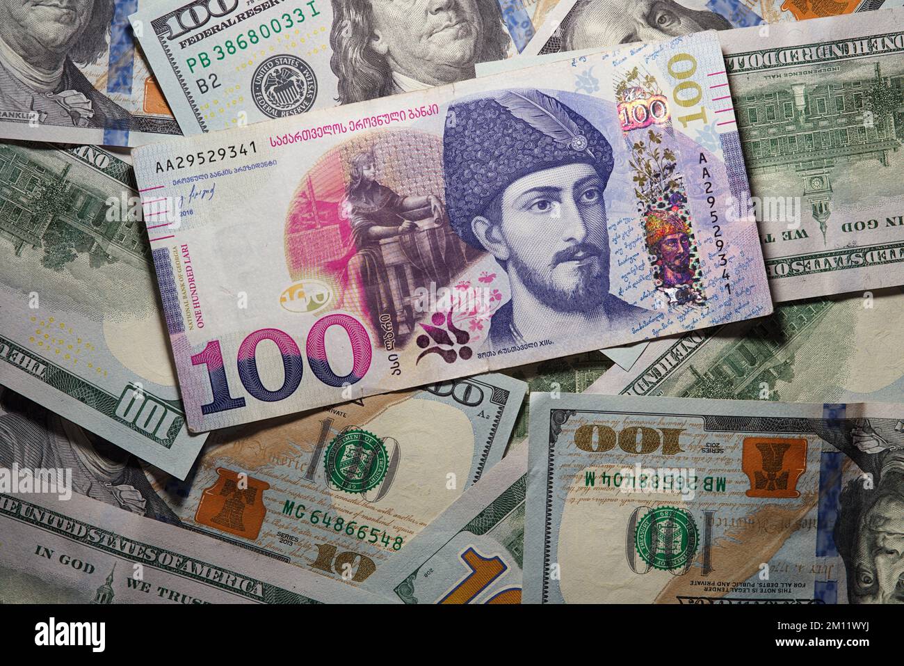 Dollars and lari. Exchange operations, concept. Money exchange in Georgia. Stock Photo