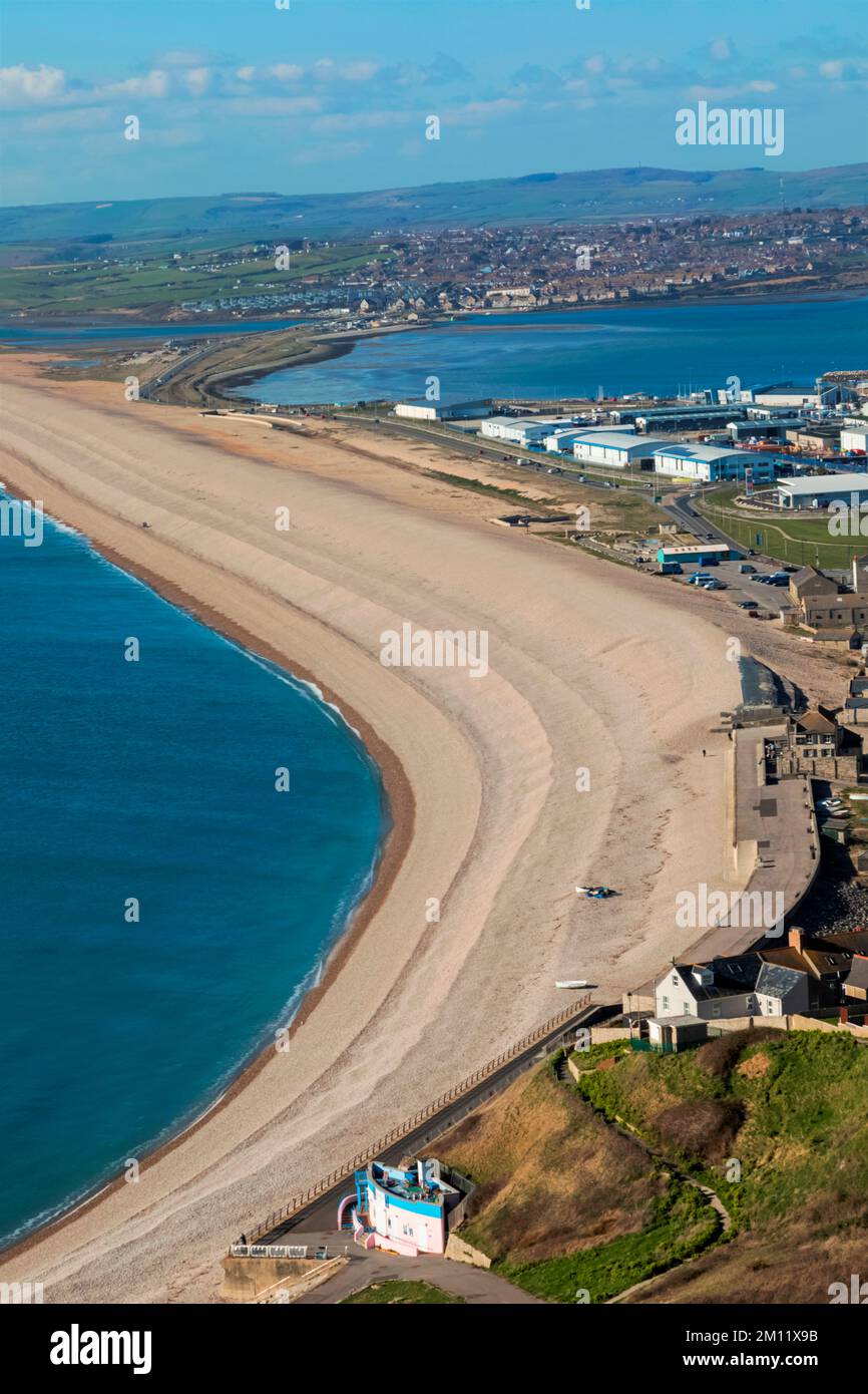 England, Dorset, Weymouth, Portland, View of Chesil Beach and