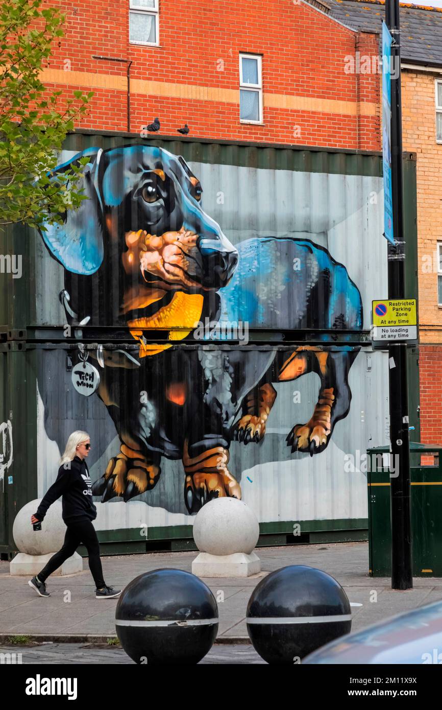 England, Dorset, Bournemouth, Boscombe, Street Art titled 'The Sausage Dog' by the Artist Tech Moon Stock Photo