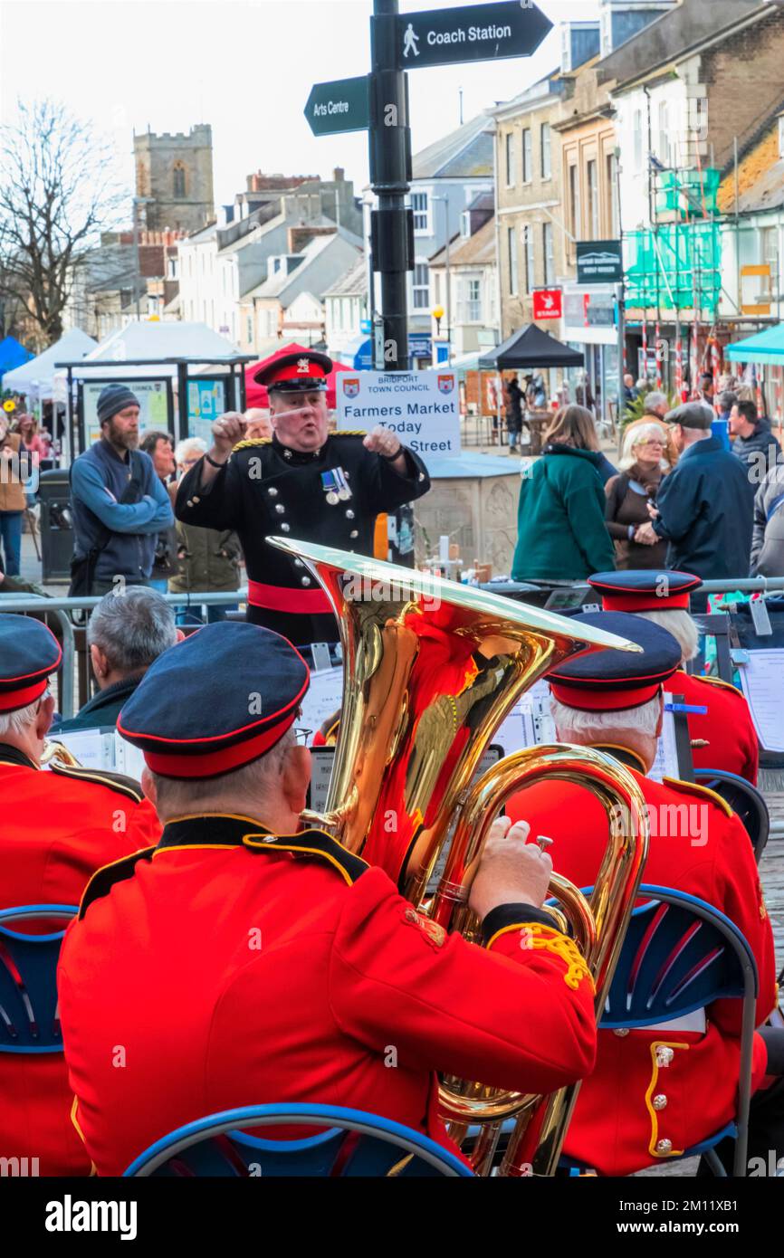 England, Dorset, Bridport, Bridport Market, Military Brass Band Stock Photo