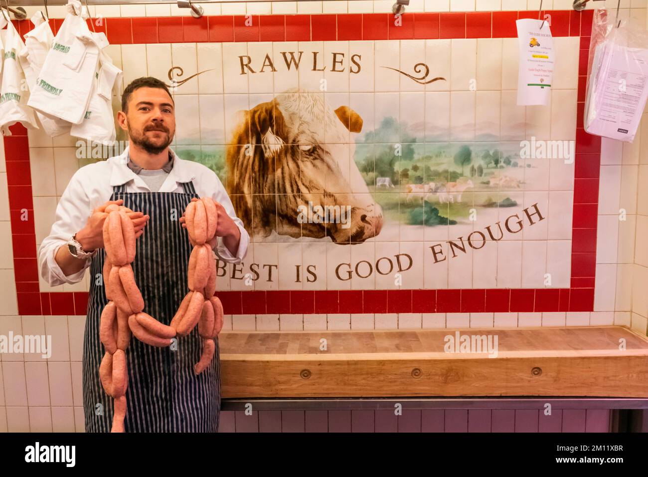 England, Dorset, Bridport, Bridport Market, Interior of Rawles Traditional Butchers Shop