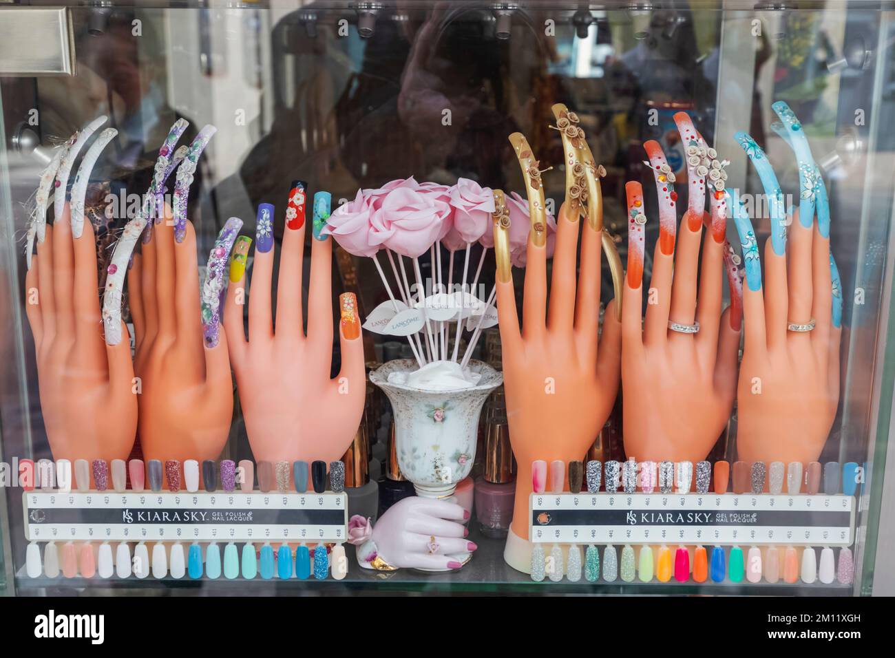 France, French Riviera, Cote d'Azur, Cannes, Nail Bar Window Display Stock Photo