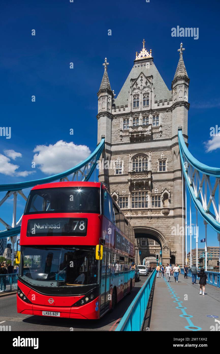 Tower Bridge with Red Double Decker Bus in the Daytime, London, England Stock Photo