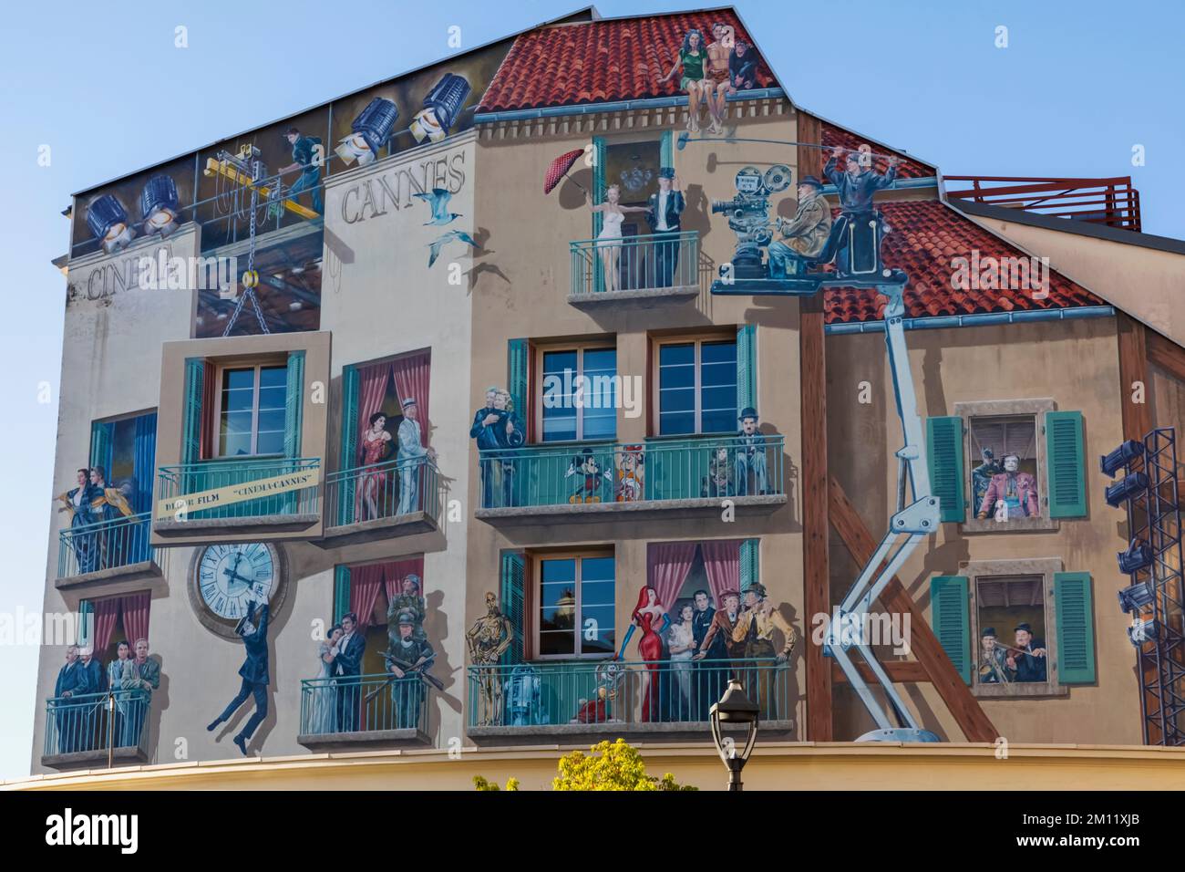 France, French Riviera, Cote d'Azur, Cannes, Le Suquet Area, Mural depicting Scenes from Famous Movies Stock Photo