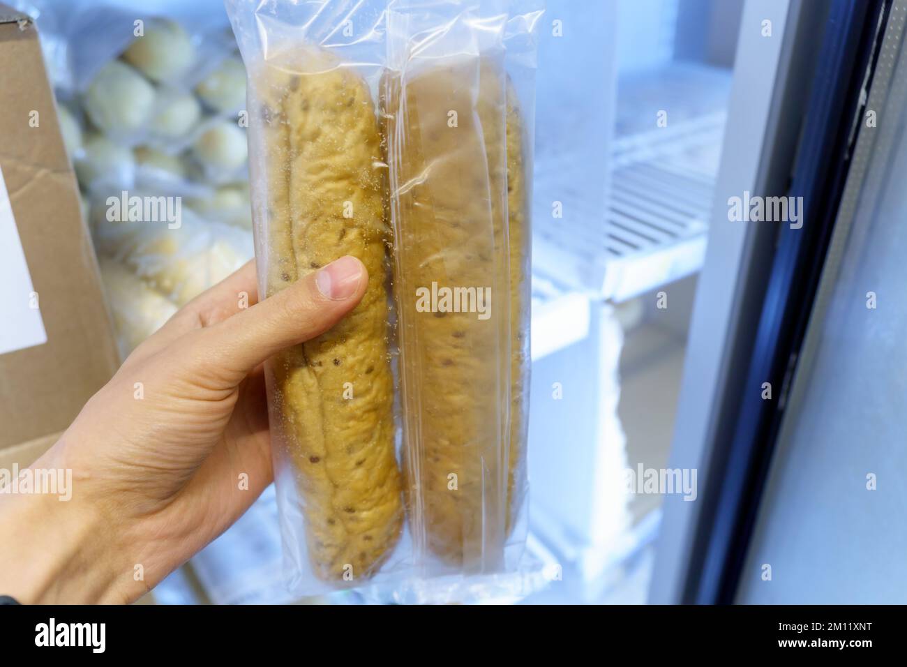 Frozen bread in the refrigerator, loaf, hamburger buns. Refrigerator in