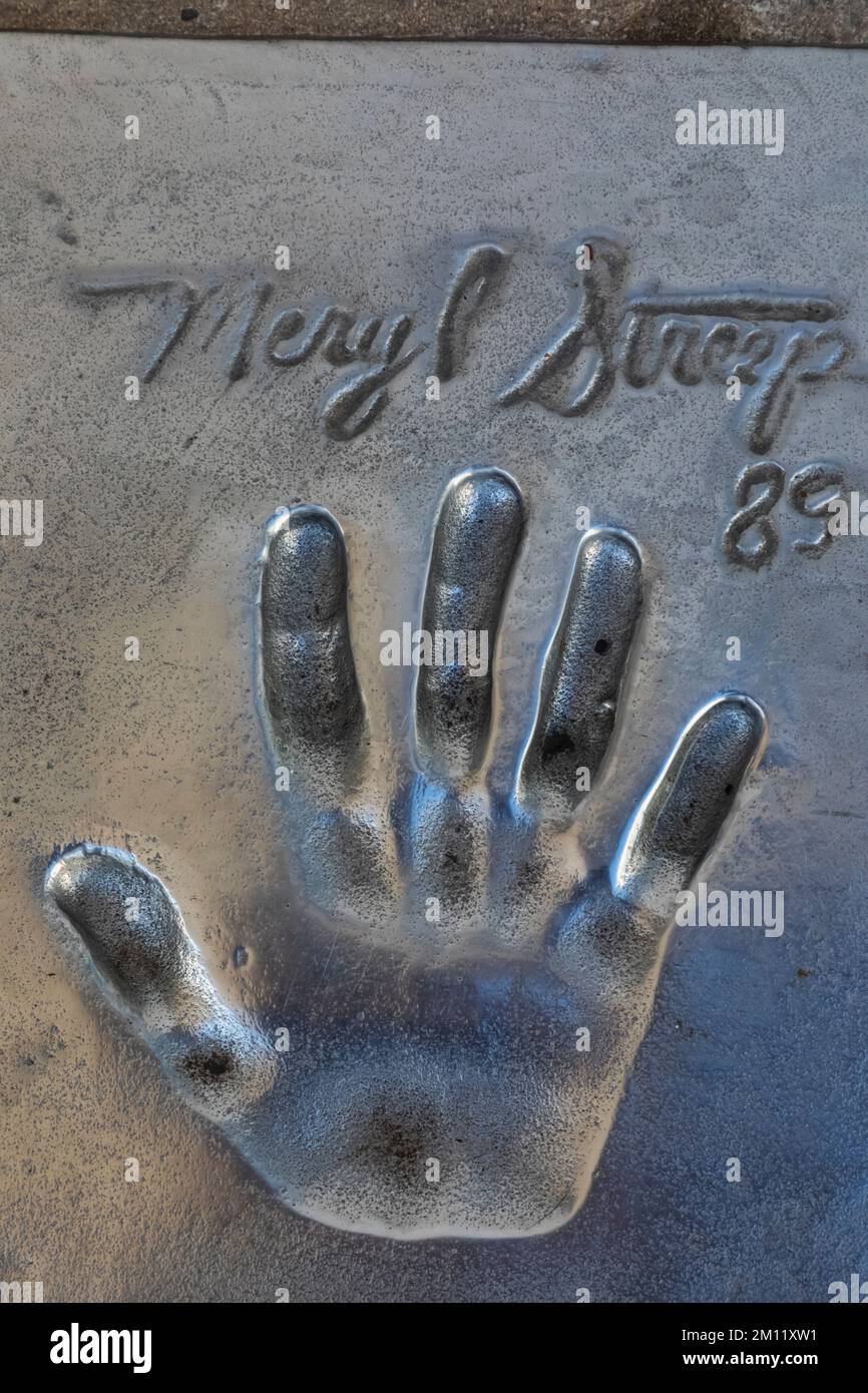 France, French Riviera, Cote d'Azur, Cannes, Palais des Festivals, Sidewalk Handprint of Meryl Streep Stock Photo