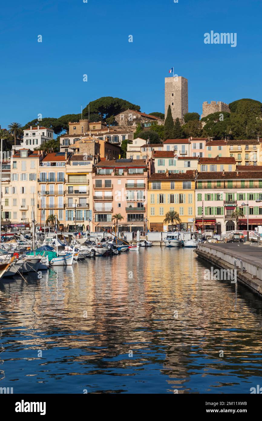 France, French Riviera, Cote d'Azur, Cannes, Le Vieux Port and Le Suquet Area Skyline Stock Photo