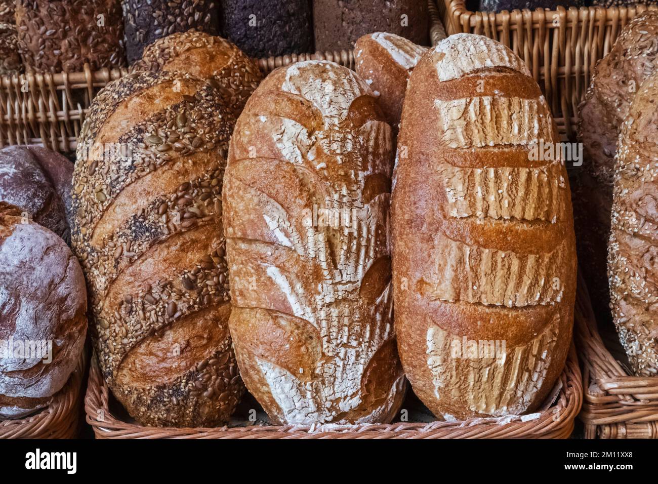 Borough Market, Display of Loaves of Bread, Southwark, London, England Stock Photo