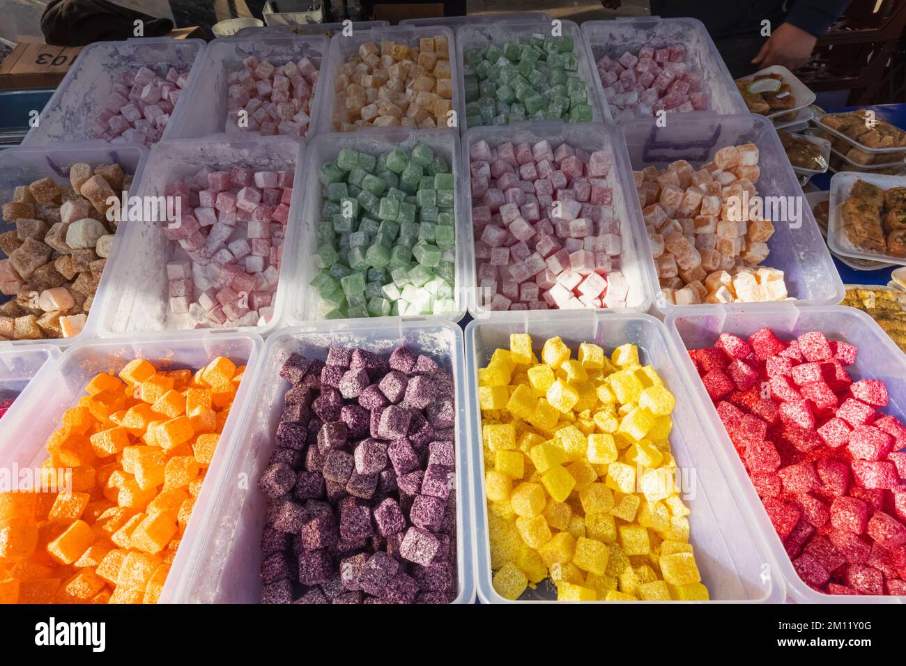 England, Dorset, Christchurch, Christchurch Market, Display of Colourful Turkish Delight Stock Photo