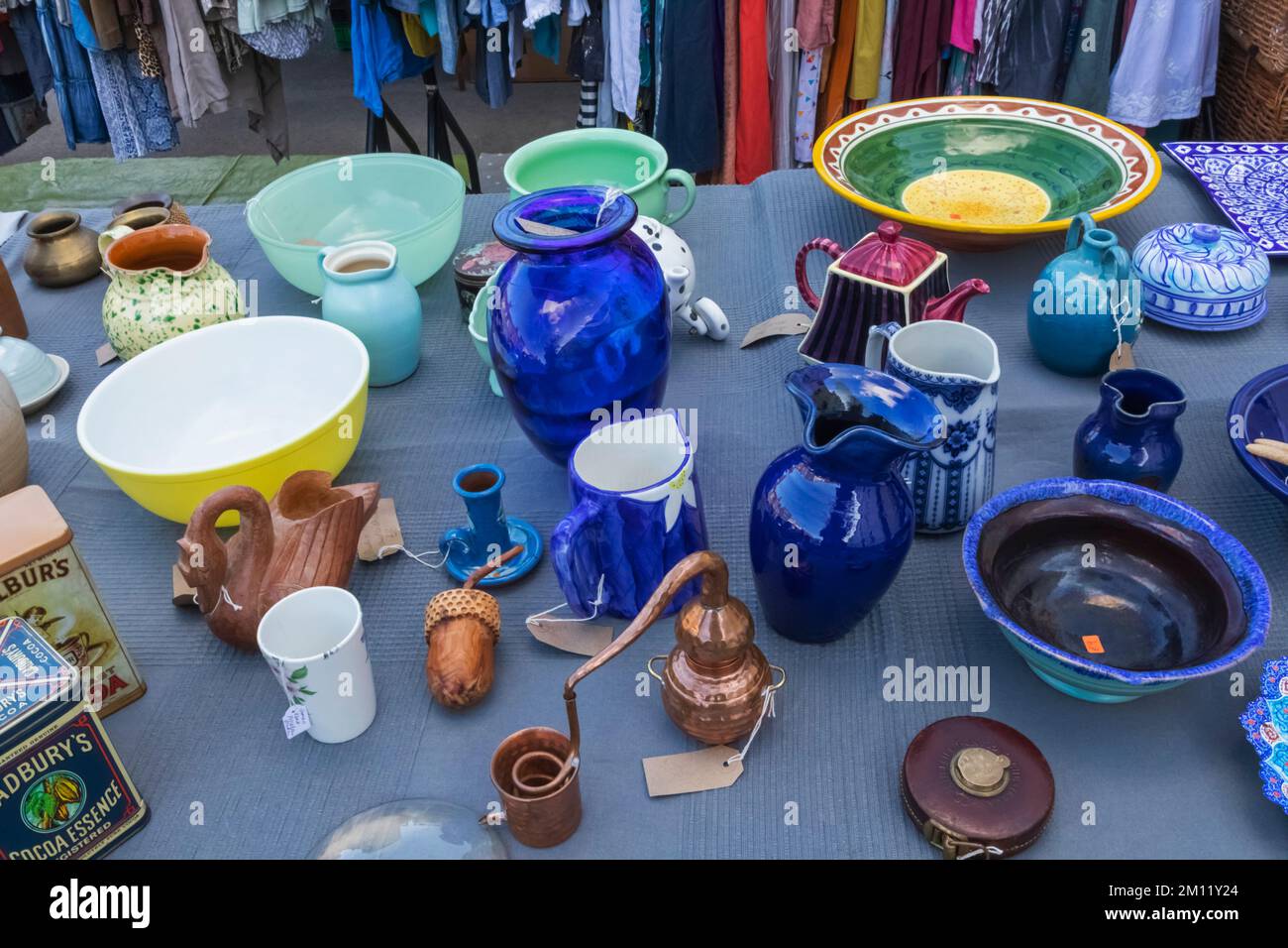 England, Dorset, Bridport, Bridport Market, Display of Vintage Household Goods Stock Photo