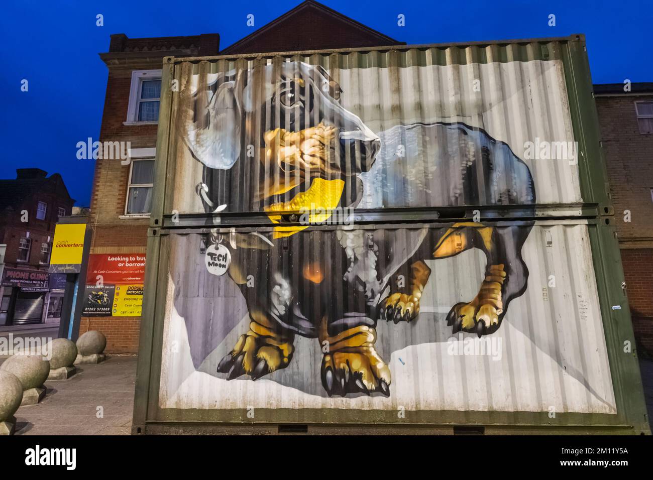 England, Dorset, Bournemouth, Boscombe, Street Art titled 'The Sausage Dog' by the Artist Tech Moon Stock Photo