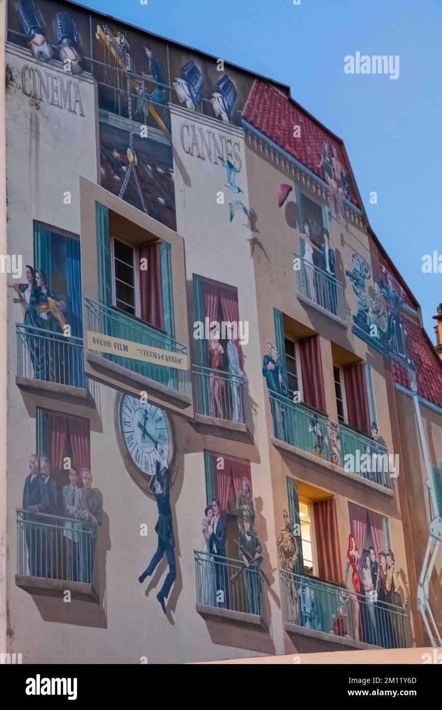 France, French Riviera, Cote d'Azur, Cannes, Le Suquet Area, Mural depicting Scenes from Famous Movies Stock Photo