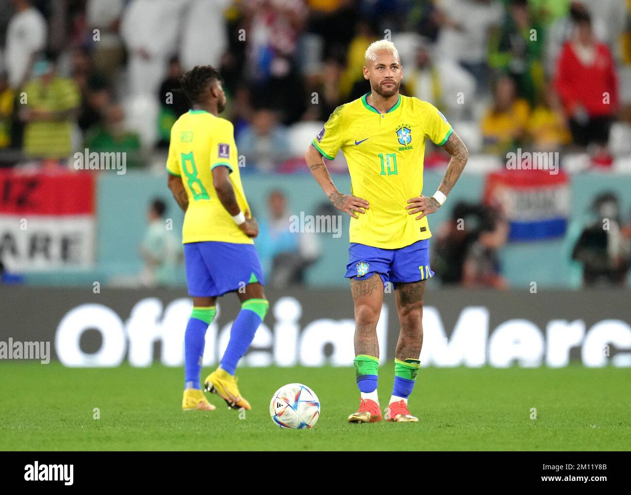 Brazil's Fred and Neymar react following the first goal of Croatia, scored by Bruno Petkovic (not pictured) during the FIFA World Cup Quarter-Final match at the Education City Stadium in Al Rayyan, Qatar. Picture date: Friday December 9, 2022. Stock Photo