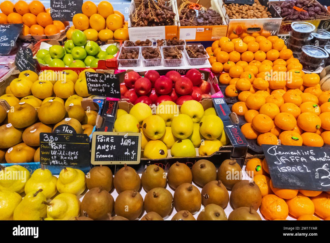 France, French Riviera, Cote d'Azur, Cannes, Forville Market, Fruit Stall Display Stock Photo