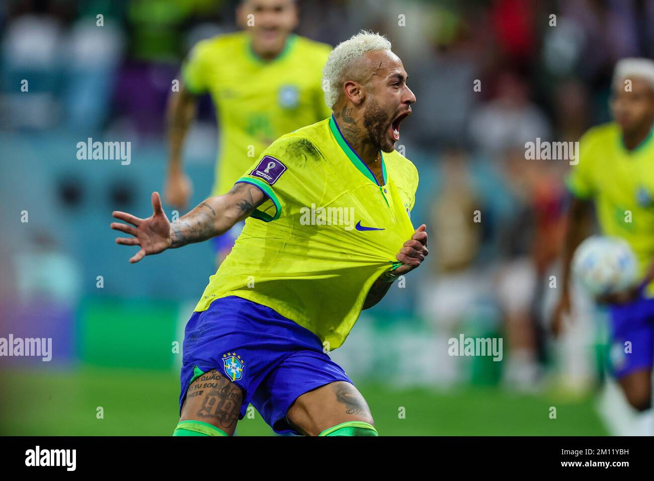 Doha, Qatar. 09th Dec, 2022. Neymar Player of Brazil celebrates a goal during a match against Croatia valid for the quarterfinals of the FIFA World Cup in Qatar at Education City Stadium in Doha, Qatar. December 9, 2022 Photo:William Volcov Credit: Brazil Photo Press/Alamy Live News Stock Photo