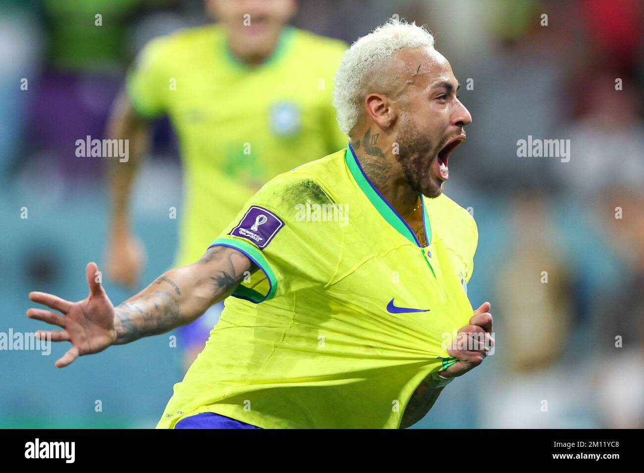 Doha, Qatar. 09th Dec, 2022. Neymar Player of Brazil celebrates a goal during a match against Croatia valid for the quarterfinals of the FIFA World Cup in Qatar at Education City Stadium in Doha, Qatar. December 9, 2022 Photo:William Volcov Credit: Brazil Photo Press/Alamy Live News Stock Photo
