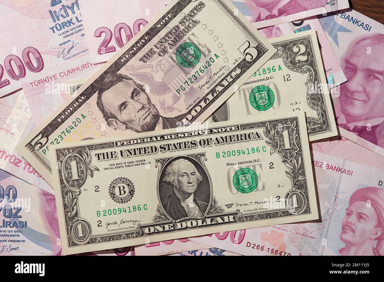 1,2 and 5 dollars against the background of 100 lira banknotes of Turkey Stock Photo