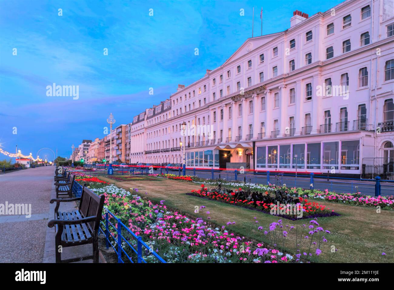 England, East Sussex, Eastbourne, Eastbourne Grand Parade, The Carpet Gardens and Seafront Hotels Stock Photo