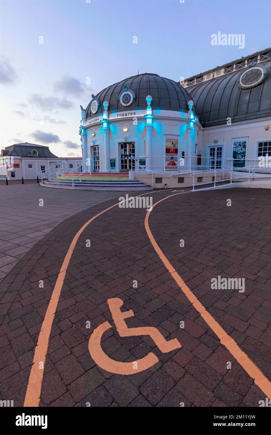 England, West Sussex, Worthing, Worthing Pier Theatre and Disability Access Route Sign Stock Photo