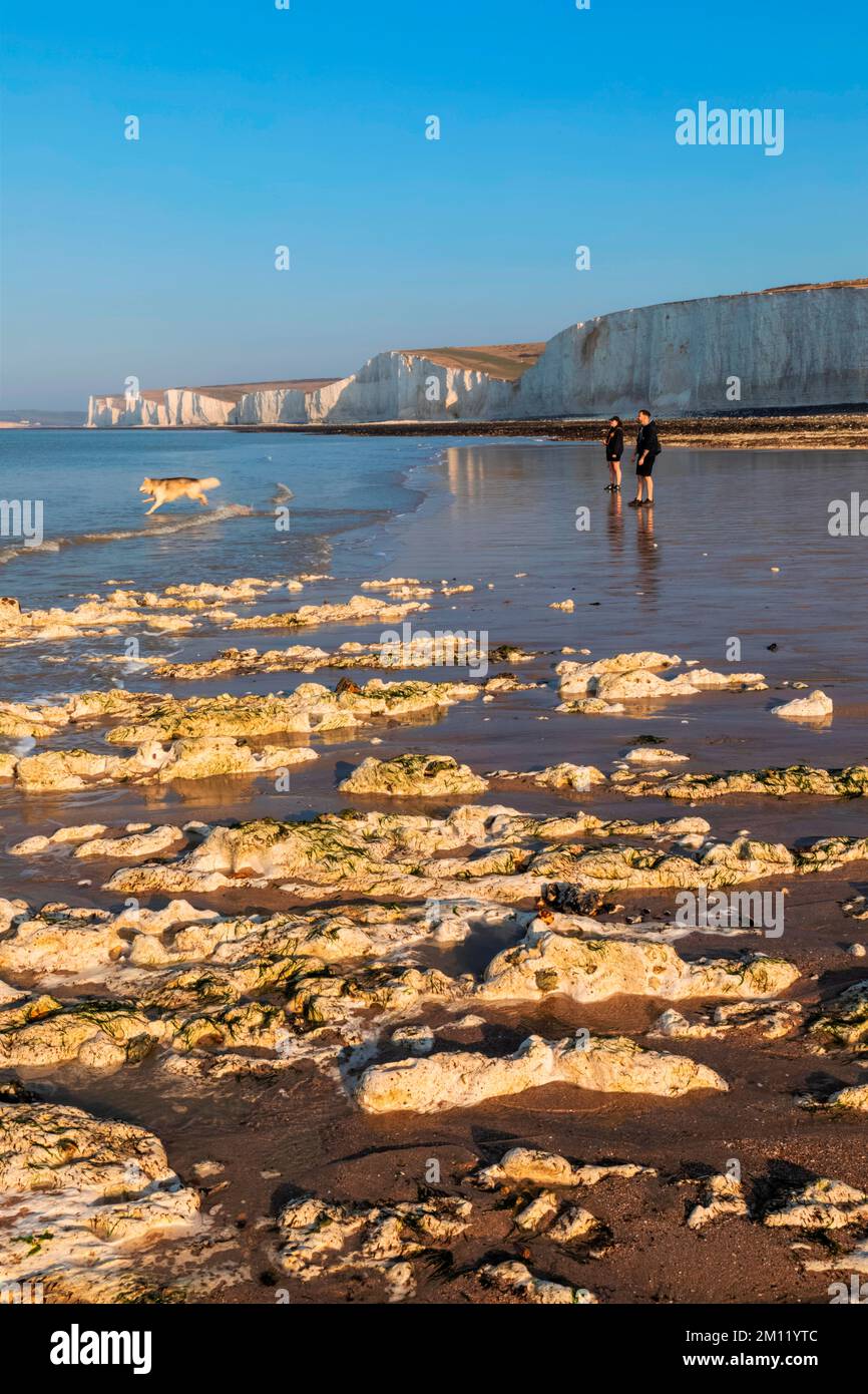 England, East Sussex, Eastbourne, The Seven Sisters Cliffs, The Birling Gap, Beach at Low Tide Stock Photo