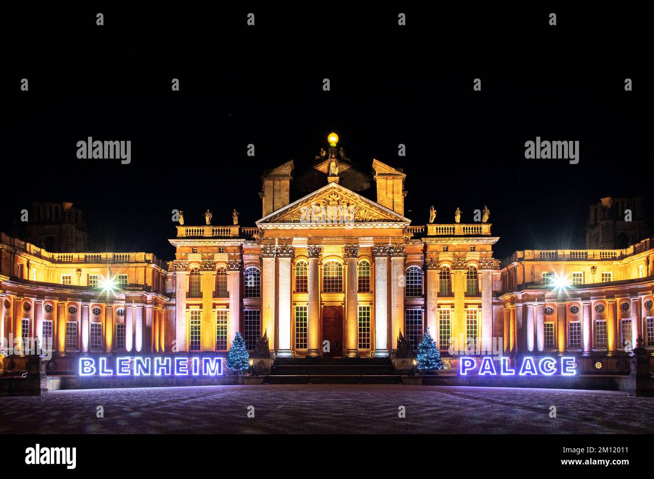 The palace at Blenheim illuminated with Christmas and winter lights. Stock Photo