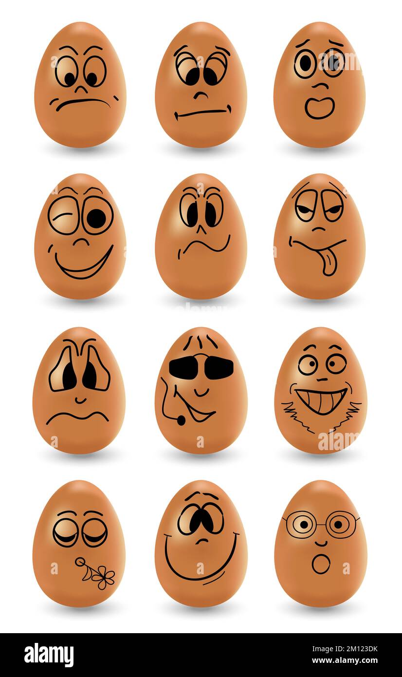 Cute Easter eggs with grimaces set vector. Happy and sad Easter eggs with emotions. Realistic brown eggs. Stock Vector