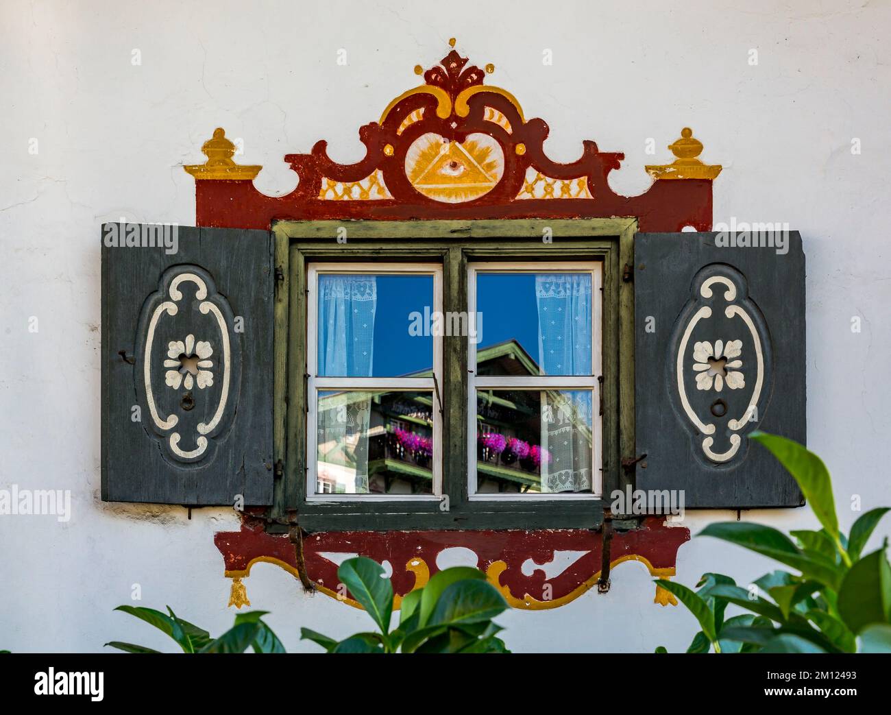 Reflection in window, village Schliersee, Upper Bavaria, Bavaria, Germany, Europe Stock Photo