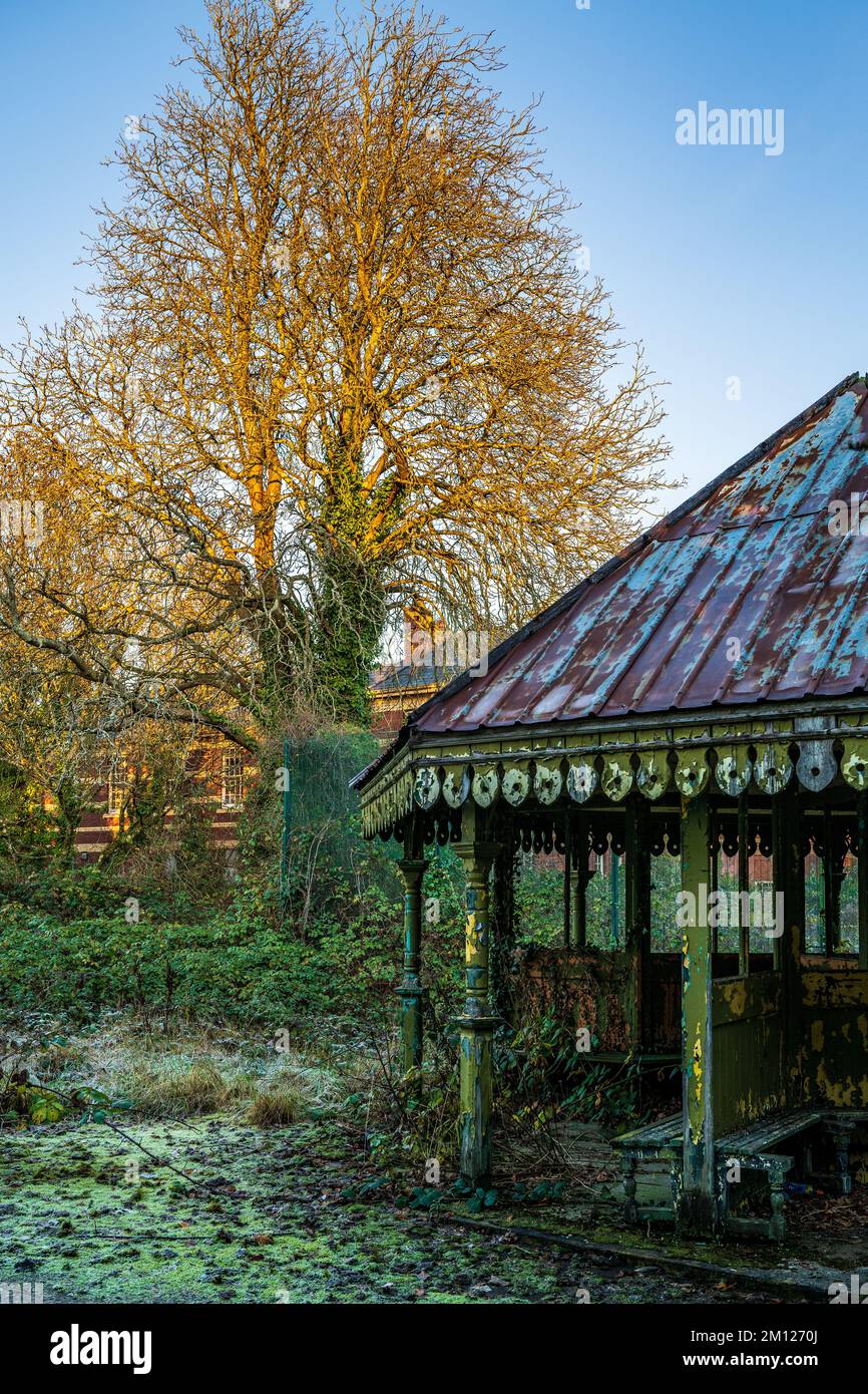 Whitchurch Mental Hospital, abandoned Grade II listed building left to decay. Edwardian pagoda for patients neglected. Stock Photo