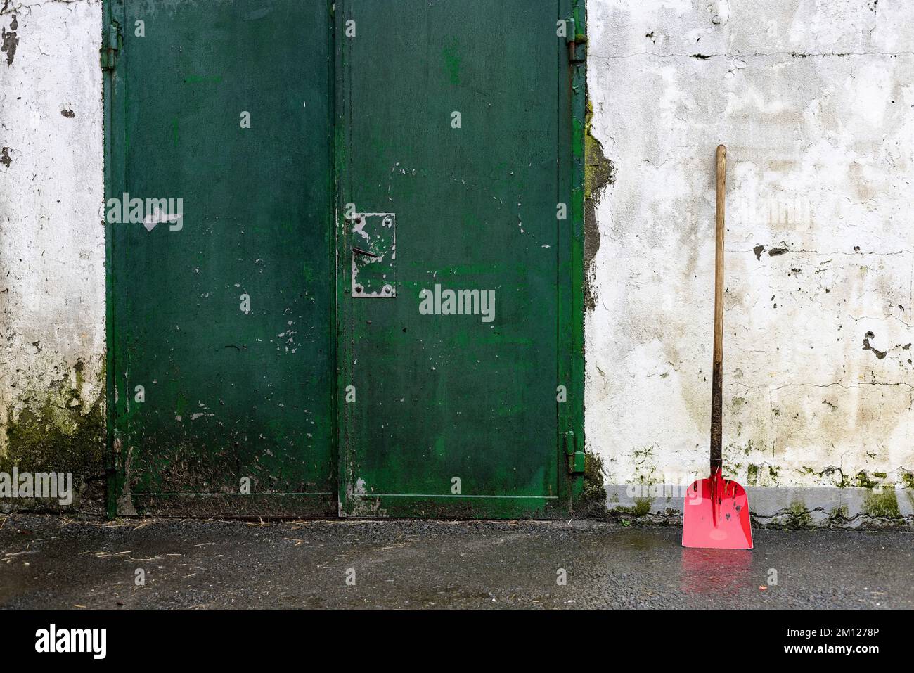 Red shovel leaning on the wall next to a green barn door Stock Photo