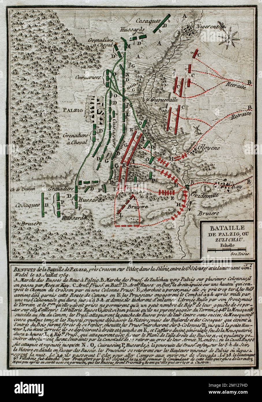 Seven Years War (1756-1763). Map of the Battle of Palzig, also called Battle of Kay (23 July 1759). A Prussian army, led by General Carl Heinrich von Wedel, was defeated by a Russian army under Count Pyotr Saltykov. Published in 1765 by the cartographer Jean de Beaurain (1696-1771) as an illustration of his Great Map of Germany, with the events that took place during the Seven Years War. Etching and engraving. French edition, 1765. Military Historical Library of Barcelona (Biblioteca Histórico Militar de Barcelona). Catalonia. Spain. Stock Photo