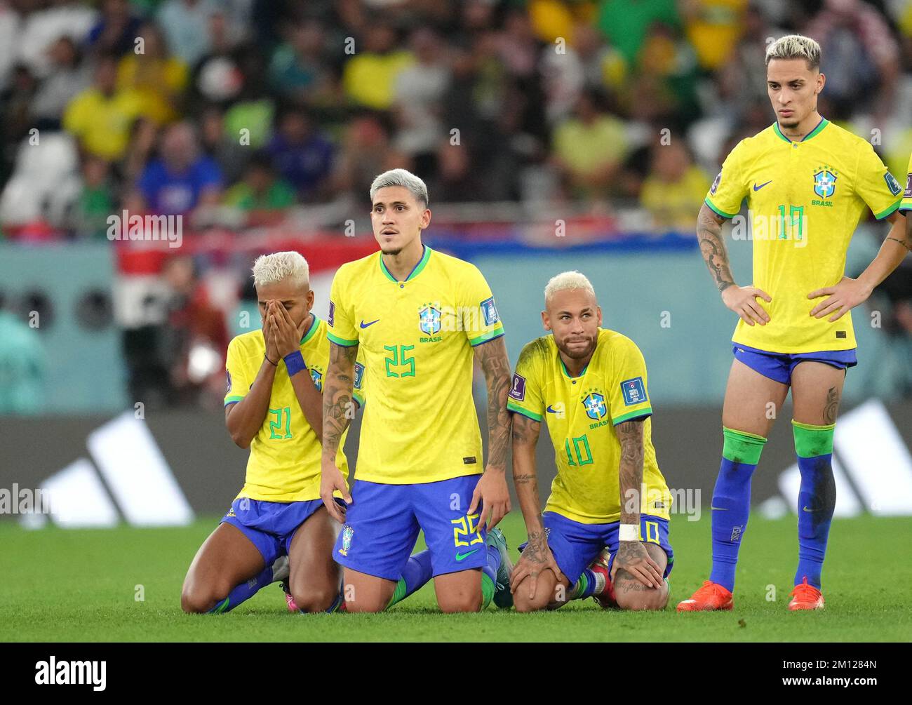 Brazil's Rodrygo, Pedro, Neymar and Eder Militao react as Marquinhos steps up to a decisive penalty during the FIFA World Cup Quarter-Final match at the Education City Stadium in Al Rayyan, Qatar. Picture date: Friday December 9, 2022. Stock Photo