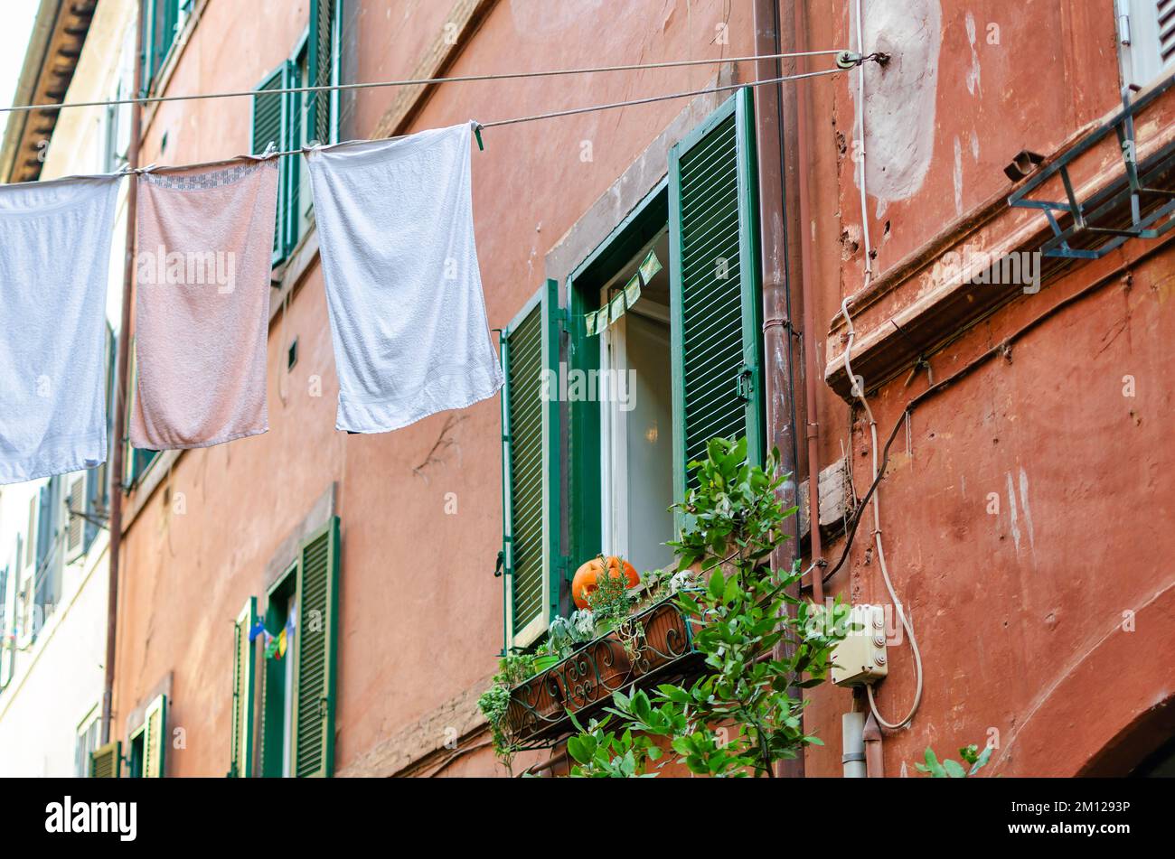 Window in Trastevere, Rome, Italy.  Hanging clothes Stock Photo