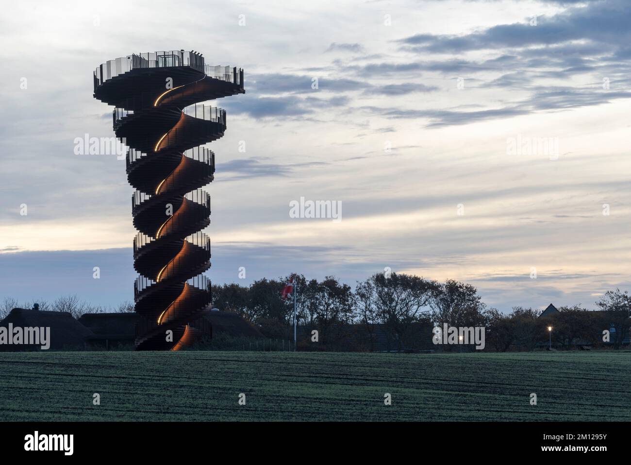 Marsk Tower, double helix-shaped observation tower made of Corten steel, designed by Bjarke Ingels Group, located in the Wadden Sea National Park, Skærbæk, Syddanmark, Denmark Stock Photo